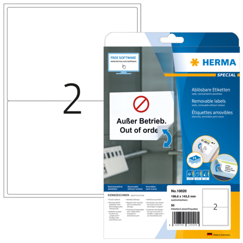 Packung mit ablösbaren Etiketten, die den Hinweis "Außer Betrieb" in Deutsch und Englisch zeigt. Enthält 50 Etiketten.