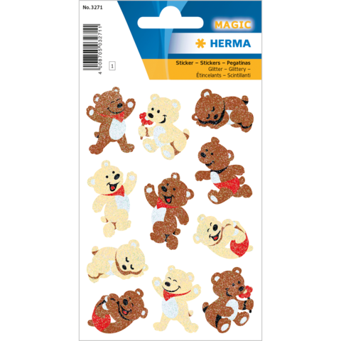 Glitzernde Aufkleber von Bären in verschiedenen Posen, einige mit roten Fliegen und Herzen, auf einem bunten Hintergrund.