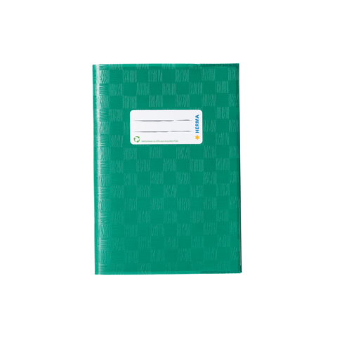 Grünes Notizbuch mit einer weißen Etikette, auf der "HERMA" steht. Das Cover hat ein strukturiertes Muster.