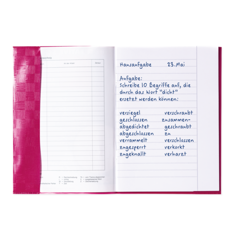 Hausaufgabe vom 23. Mai mit der Aufgabe, zehn Begriffe aufzulisten, die durch das Wort „dicht“ ersetzt werden können.