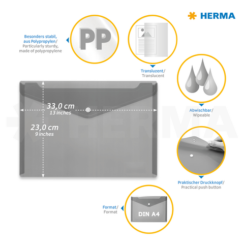 Transparante A4-hoes van polypropyleen, afwasbaar, met praktische drukknoop en afmetingen van 33 cm x 23 cm.