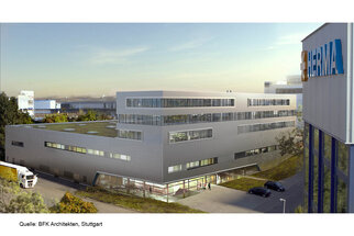 Moderne kantoorgebouwen met grote ramen en een gebogen gevel, omringd door groenvoorzieningen en parkeerplaatsen.