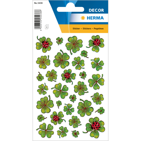 Aufkleber mit verschiedenen grünen Kleeblättern und Marienkäfern in unterschiedlichen Größen und Designs.