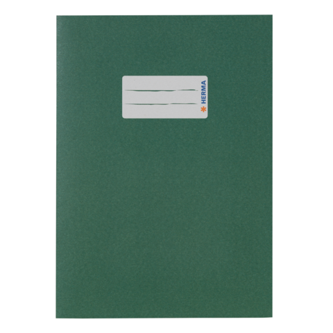 Grünes Heft mit einem weißen Etikett, das Platz für Beschriftungen bietet.