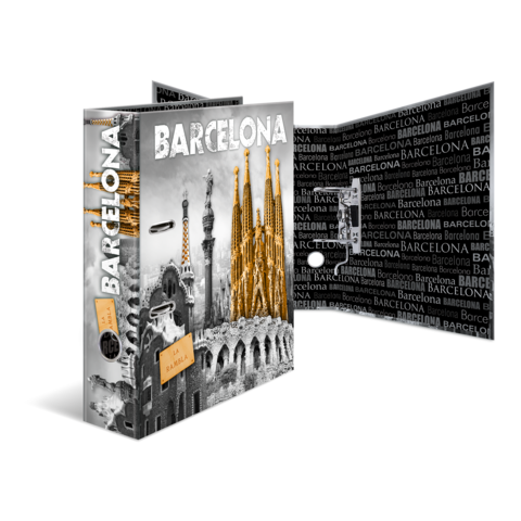 Ein aufgeschlagenes Buch über Barcelona, mit ikonischen Sehenswürdigkeiten in Schwarz-Weiß und goldenen Akzenten.