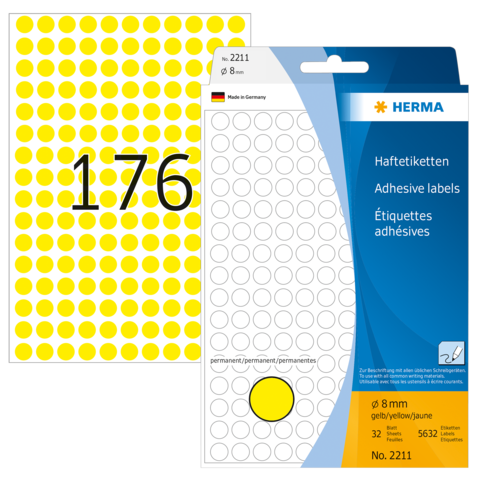 Gelbe Haftetiketten mit 8 mm Durchmesser, 32 Stück pro Packung, verpackt in einer blauen und weißen Verpackung.