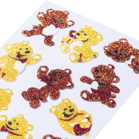Glitzernde Aufkleber von Bären in verschiedenen Farben und Posen auf einem weißen Hintergrund.