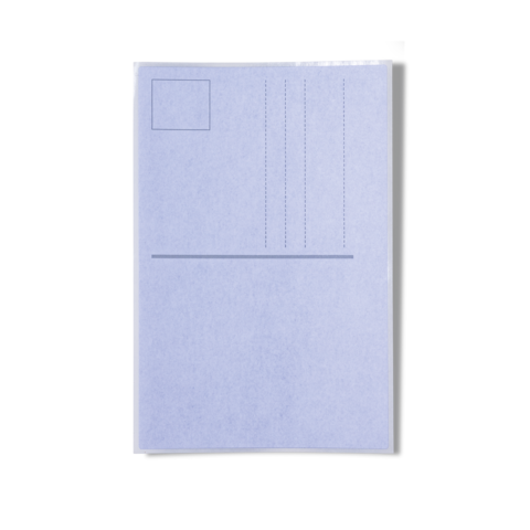Eine leere, blaue Postkarte mit einem leeren Adressfeld und Linien für die Adresse auf der Rückseite.