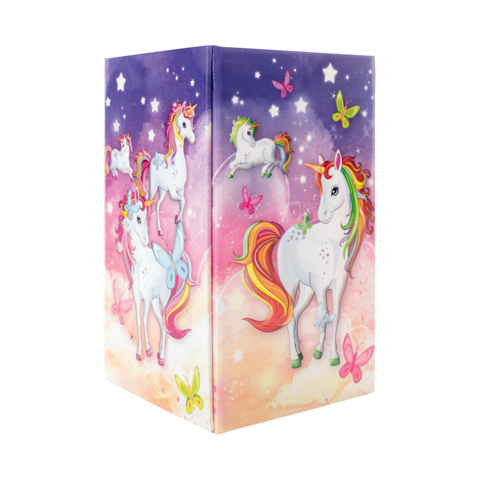Bunte Notizbuchhülle mit mehreren Einhörnern und Schmetterlingen auf einem pastellfarbenen Hintergrund.