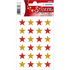 Rote und goldene Sternaufkleber auf einem weißen Blatt, in verschiedenen Größen angeordnet. Ideal für Bastelprojekte.