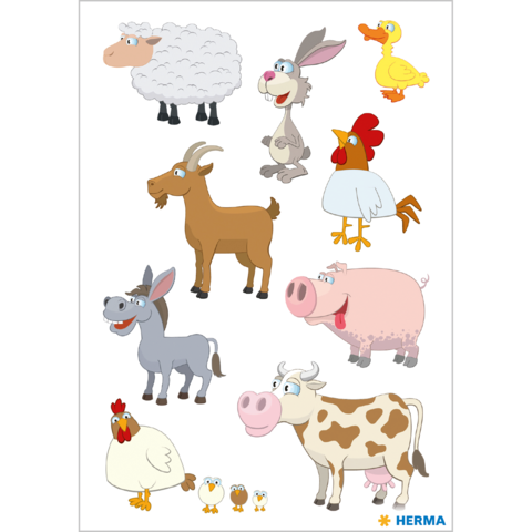 Bunte, cartoonartige Tiere: Schaf, Hase, Ente, Huhn, Ziege, Esel, Schwein, Kuh und Küken in verschiedenen Posen.