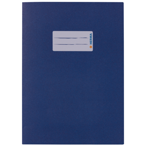 Dunkelblauer Ordner mit einem weißen Etikett zum Beschriften. Das Etikett trägt das Logo "HERMA".