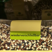 Sluitetiketten: bedrukte herbruikbare sluitetiketten op een graanverpakking.