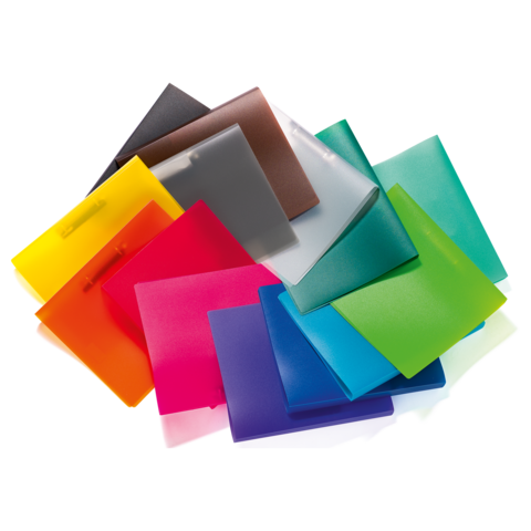 Bunte, transparente Ordner in verschiedenen Farben, übereinander gestapelt, darunter Gelb, Pink, Blau, Grün und Schwarz.