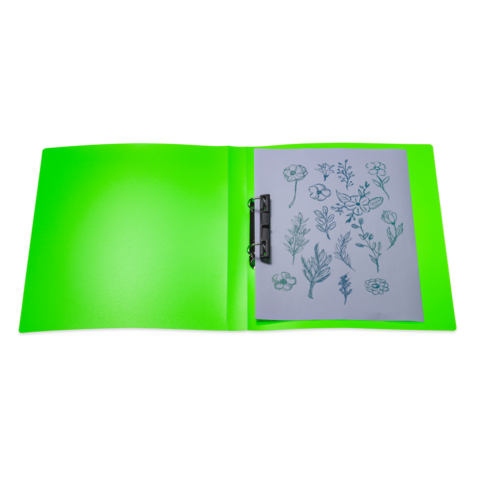 Ein leuchtend grüner Ordner mit einem Blatt Papier, das verschiedene florale Zeichnungen zeigt.