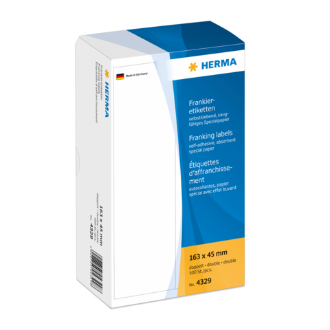 Frankieretiketten in einer Verpackung, Maße 163 x 45 mm, selbstklebend, 500 Stück, hergestellt in Deutschland.