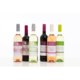 Sechs Flaschen Wein in verschiedenen Farben: Rosé, Rot, Weiß und ein Blush. Jede Flasche hat ein etikettiertes Design mit Jahrgangsinformationen.