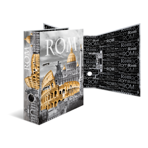 Ein dekorativer Ordner mit Bildern von römischen Sehenswürdigkeiten, darunter das Kolosseum und der Petersdom, sowie dem Schriftzug "Rom".
