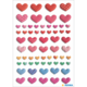 Bunte Herzaufkleber in verschiedenen Größen und Designs, darunter rot, pink und grün, angeordnet in mehreren Reihen.