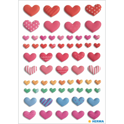 Bunte Herzaufkleber in verschiedenen Größen und Designs, darunter rot, pink und grün, angeordnet in mehreren Reihen.