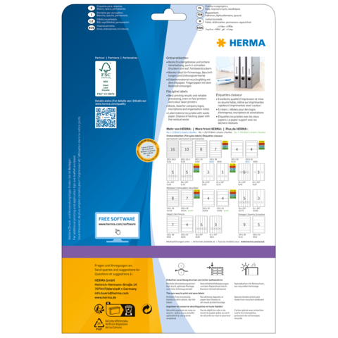 Rückseite einer Verpackung mit Informationen zu HERMA Produkten, einschließlich Softwarehinweis und Diagrammen zur Anwendung.