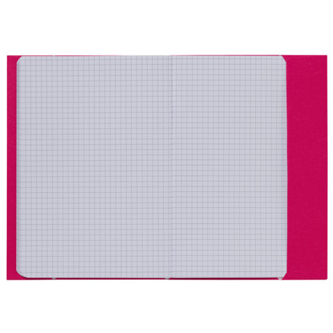 Ein offenes kariertes Heft mit einem pinken Einband. Die Seiten sind leer und zeigen ein gleichmäßiges Karomuster.
