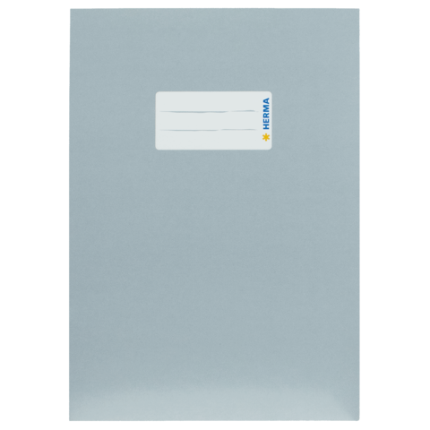 Grau farbige Klarsichthülle mit einem weißen Beschriftungsfeld und dem Logo von HERMA in der oberen rechten Ecke.