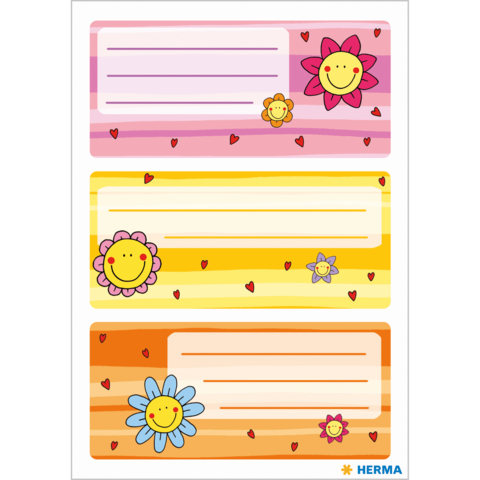 Bunte Etiketten mit fröhlichen Blumen, Sonnen und Herzen, jeweils mit Platz für Text. Drei verschiedene Designs in Pastellfarben.