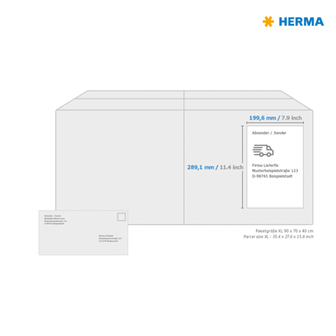 Paketgröße XL mit Abmessungen von 199,6 mm x 289,1 mm und einem Beispiel für Absenderinformationen auf der linken Seite.
