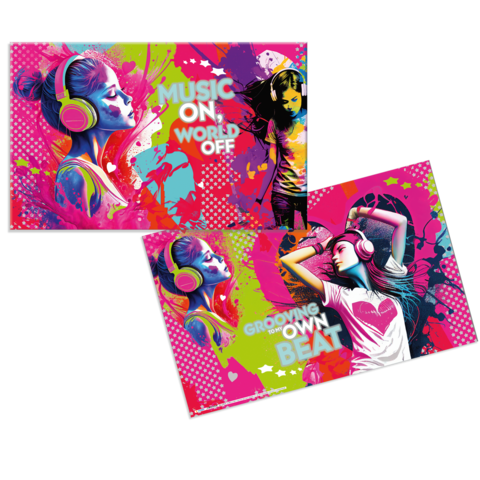 Bunte Grafiken von Mädchen mit Kopfhörern, die Musik genießen. Texte: "MUSIC ON WORLD OFF" und "GROOVING TO MY OWN BEAT".