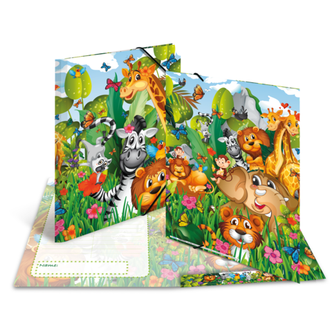 Bunte Tierillustrationen auf einem Ordner, einschließlich einer Giraffe, eines Zebras, eines Löwen und anderer Tiere in einer lebhaften Landschaft.