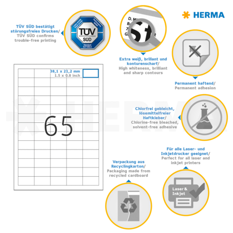 Etikettenbeschreibung mit technischen Details: 38,4 x 21,2 mm, permanent haftend, chlorfrei gebleicht, geeignet für Laser- und Inkjetdrucker.