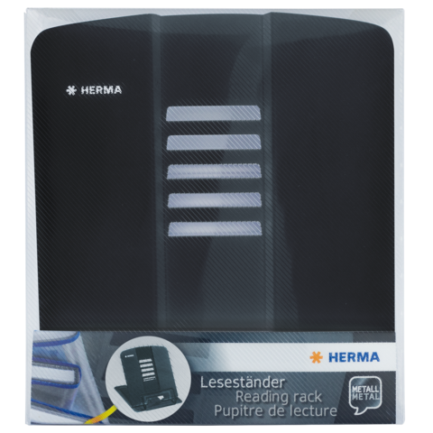 Schwarzer Leseständer von Herma, verpackt, mit fünf horizontalen Fächern zur Unterstützung von Büchern oder Dokumenten.
