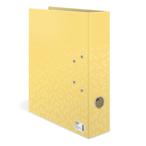 Gelber Ordner mit einem geometrischen Muster, der auf der rechten Seite eine Lochung und einen Verschluss hat.