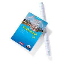 Mathebuch mit dem Titel "Mathematik 2.1" und einem blauen Cover, daneben ein Blatt kariertes Papier.
