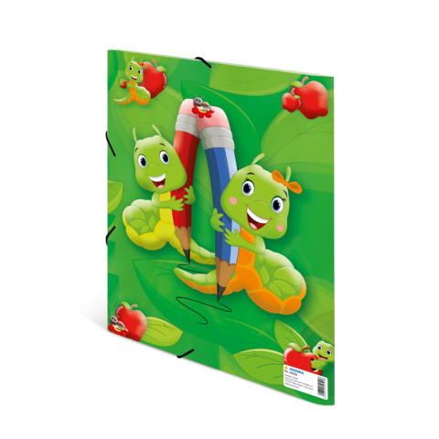 Bunte Schultasche mit zwei fröhlichen, cartoonhaften Raupen, die große Buntstifte halten, umgeben von grünen Blättern und roten Äpfeln.