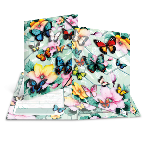 Vrolijke vlinders en bloemen op een notitieblok en een map, die een blije, bloemrijke uitstraling hebben.