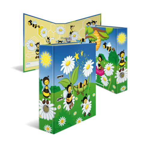Bunte Sammelmappe mit Bienen und Blumenmotiven, die eine fröhliche, kindgerechte Gestaltung zeigt.