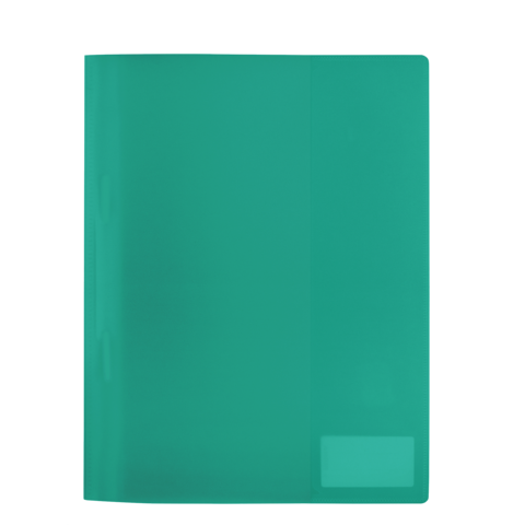 Ein grüner Ordner mit einer transparenten Vorderseite und einem beschriftbaren Etikett auf der unteren rechten Ecke.