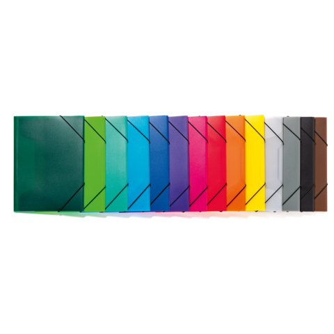Bunte Klarsichthüllen in verschiedenen Farben, geordnet von grün über blau, rot, bis hin zu gelb und braun.