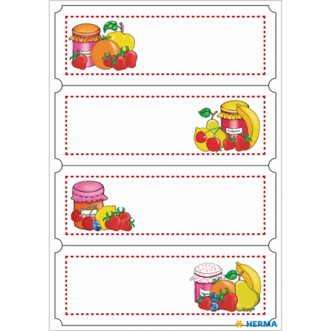 Etiketten mit Illustrationen von Obst und Marmelade, darunter Tomaten, Bananen und verschiedene Gläser.
