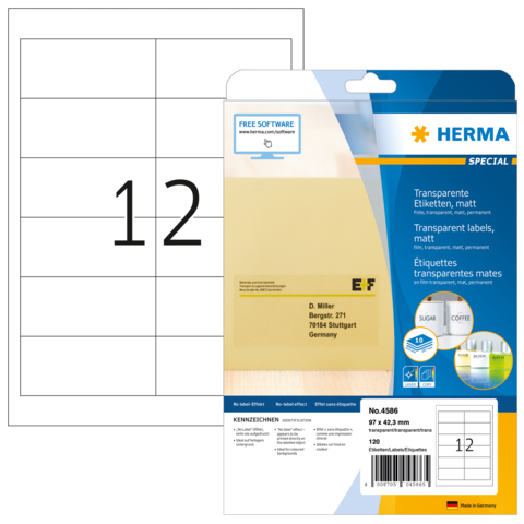 Transparente Etikettenpackung von Herma mit der Nummer 12, inklusive Softwarehinweis und Produktdetails auf der Rückseite.