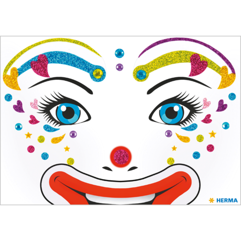Bunte Clownsmaske mit strahlenden Augen, roter Nase und glitzernden Details. Farbige Akzente und fröhliches Design.