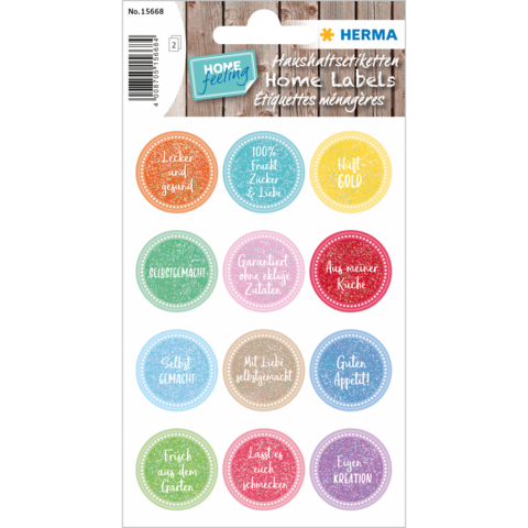 Bunte Aufkleber mit verschiedenen Texten für Lebensmittel, darunter "Selbstgemacht", "Frisch aus dem Garten" und "Mit Liebe zubereitet".
