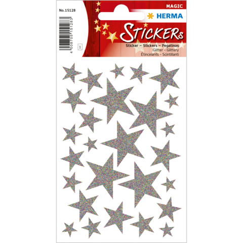 Glitzernde Sternaufkleber in verschiedenen Größen auf einem bunten Hintergrund, verpackt in einer transparenten Folie.