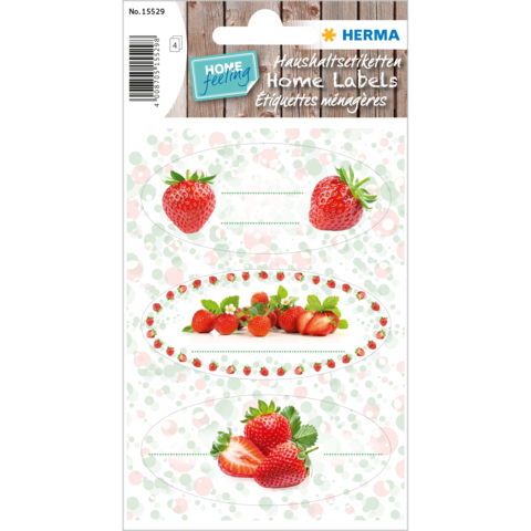 Etiketten mit Erdbeermotiven in verschiedenen Anordnungen, um Haushaltsgegenstände zu kennzeichnen.