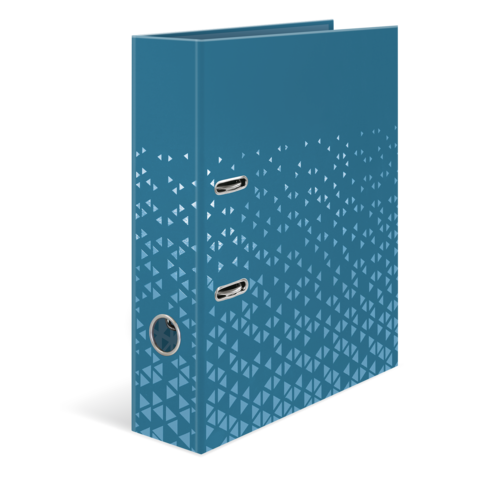 Blauer Ordner mit geometrischem Muster und zwei Einschüben auf der Vorderseite.