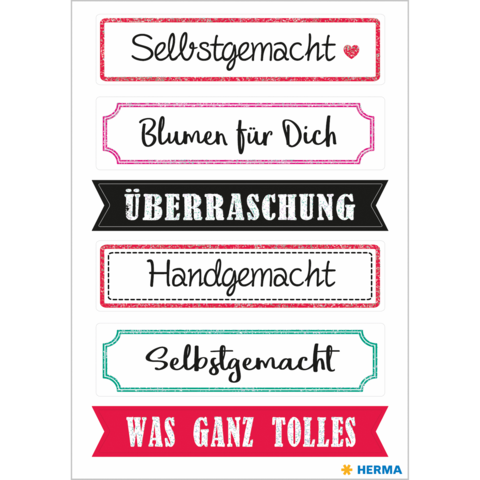 Bunte Etiketten mit den Aufschriften: "Selbstgemacht", "Blumen für Dich", "Überraschung", "Handgemacht" und "Was ganz Tolles".