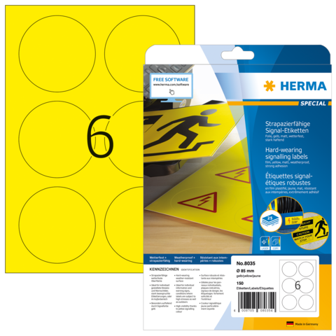 Gelbe Signal-Etiketten auf einem Bogen mit sechs runden Aufklebern. Verpackung zeigt die Marke HERMA und Hinweise zur Verwendung.