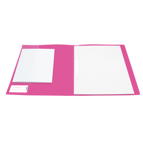 Ein pinker Ordner mit einer leeren Innenseite und einer zusätzlichen Tasche auf der linken Seite.